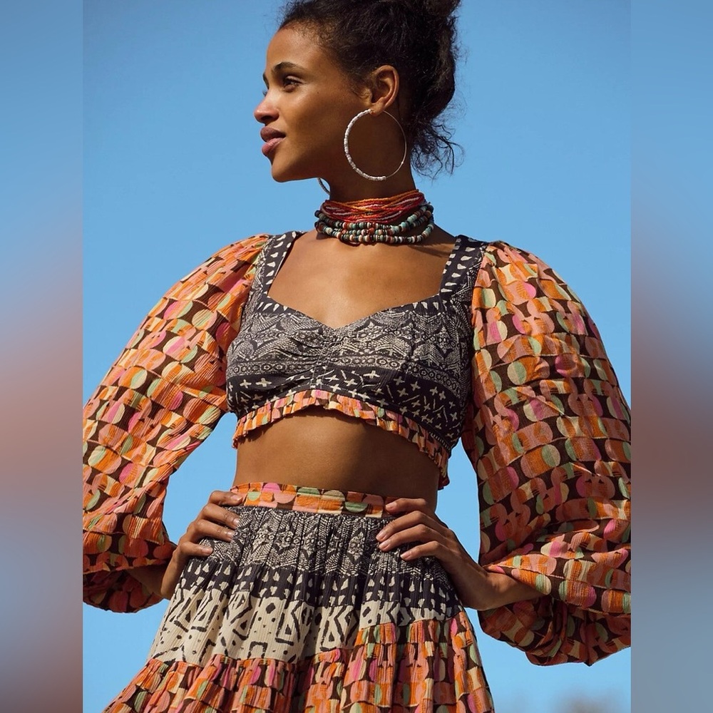 Free People Naomi Printed Smocked Puff Sleeve Endless Summer Cropped Top